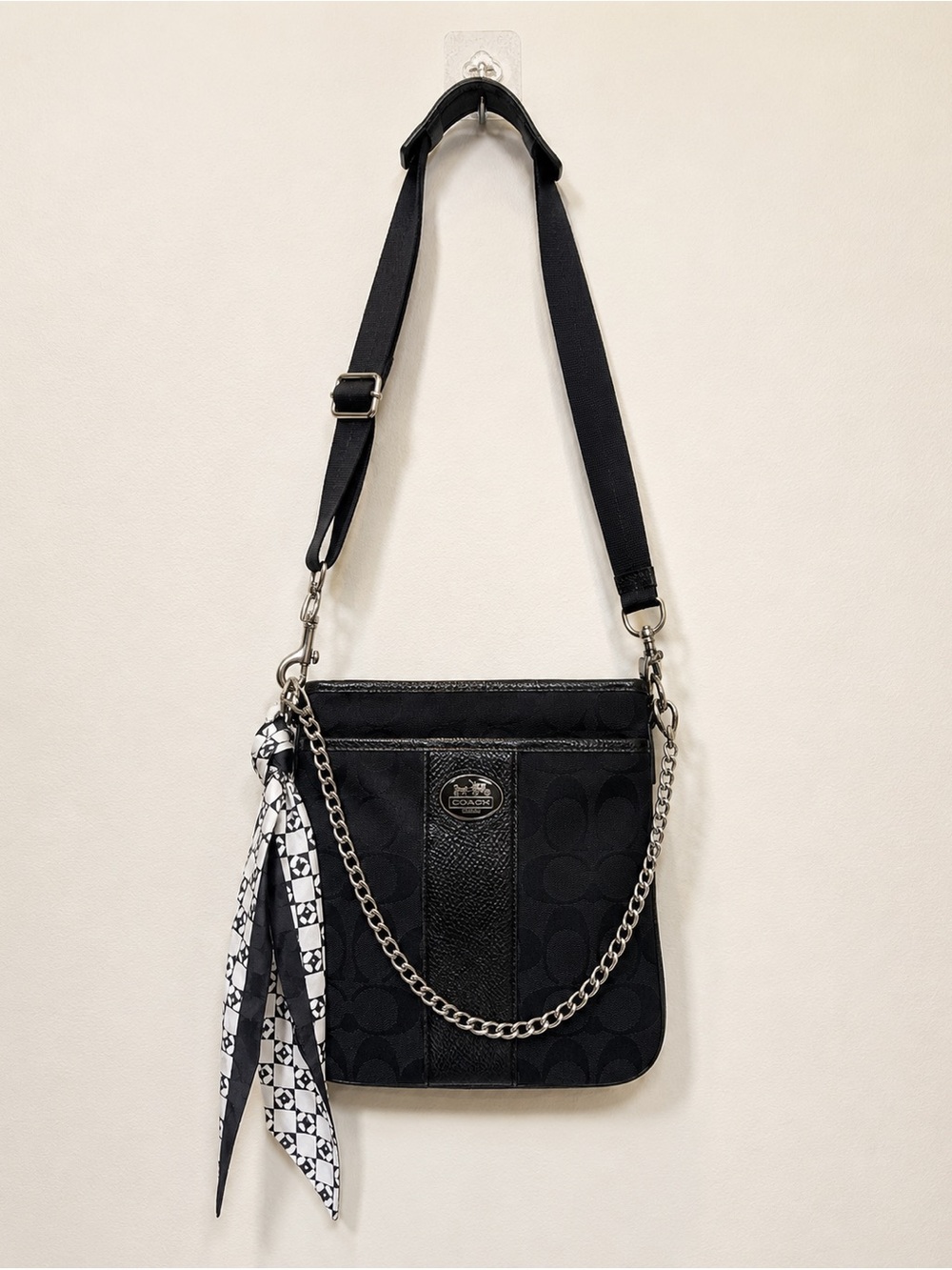 Coach Black Signature File Crossbody Bag | Silver Chain, Twilly & Bonus Strap